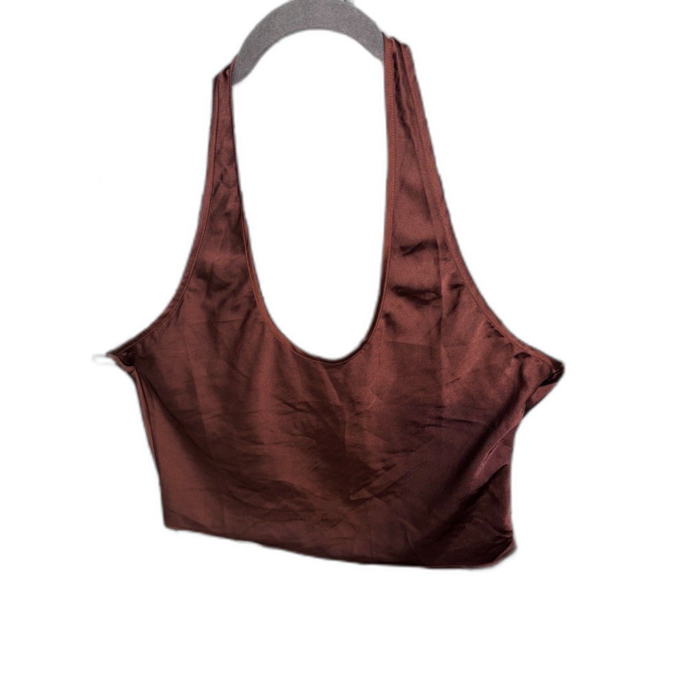 Lioness Brown Satiny Crop Halter Top EUC